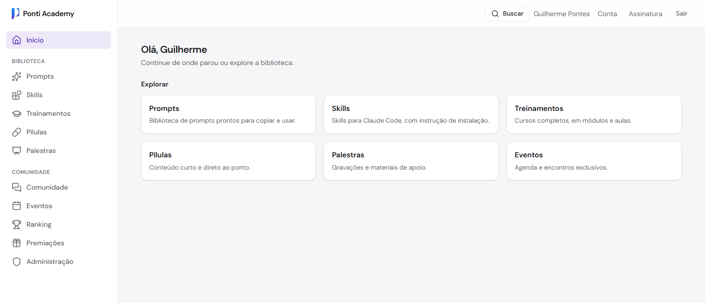 Painel do Ponti Academy: tela de início com prompts, skills, treinamentos e ranking na navegação lateral